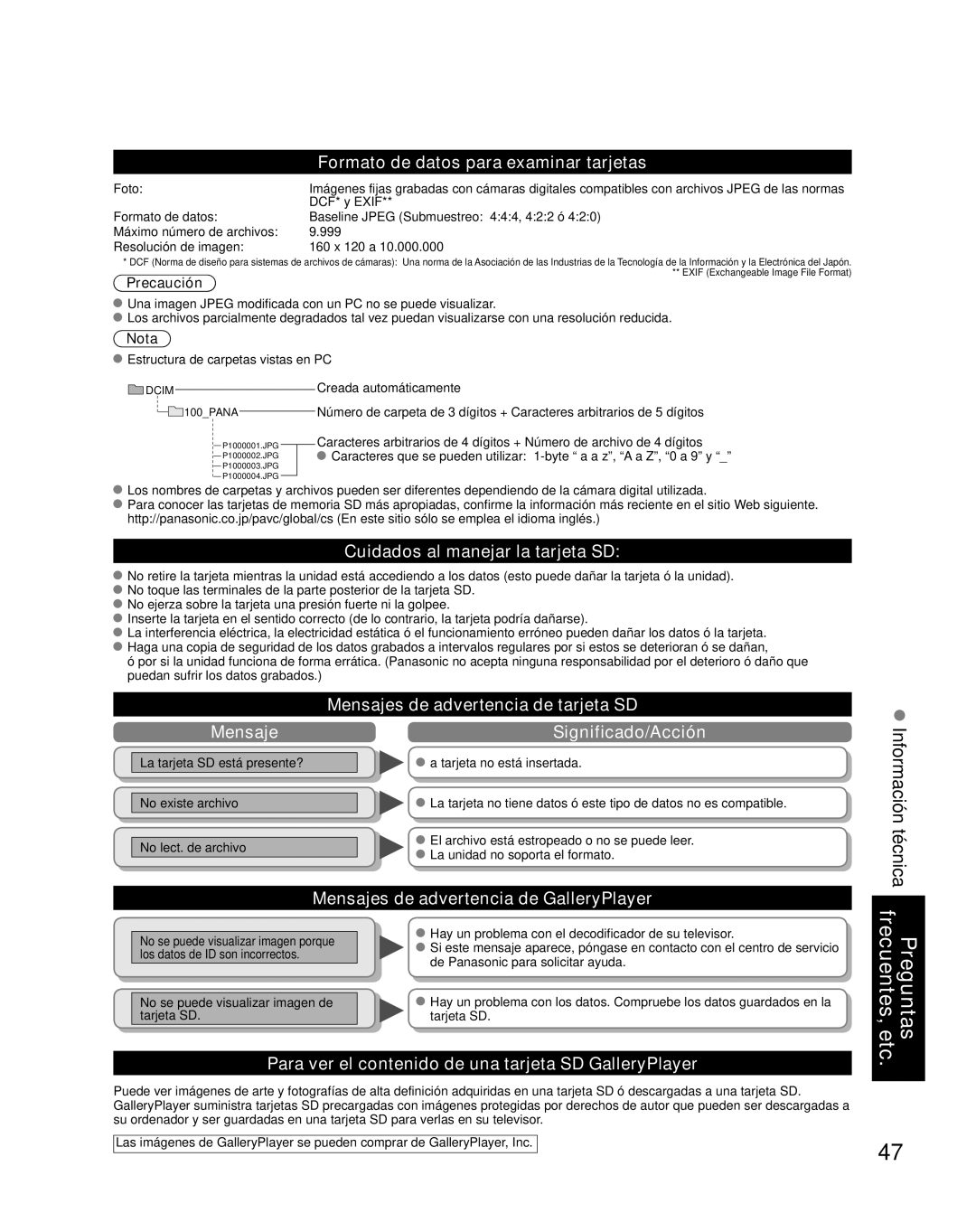 Panasonic TH-46PZ800U, TH-50PZ800U quick start Formato de datos para examinar tarjetas, Cuidados al manejar la tarjeta SD 