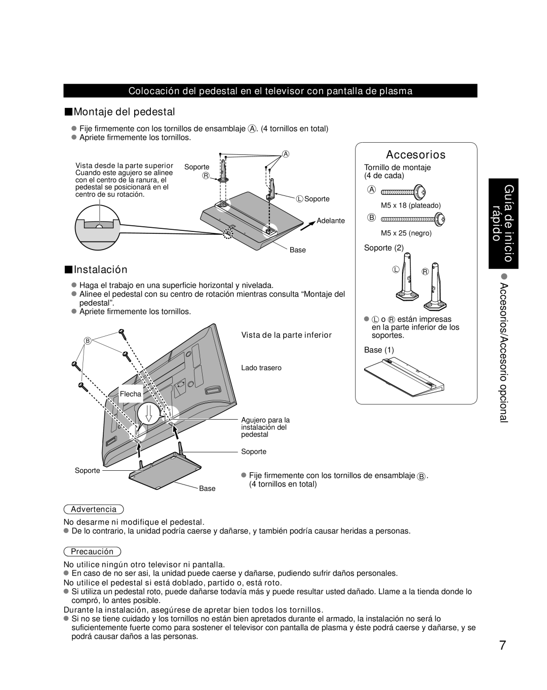 Panasonic TH-46PZ800U, TH-50PZ800U quick start Montaje del pedestal, Instalación, Vista de la parte inferior 