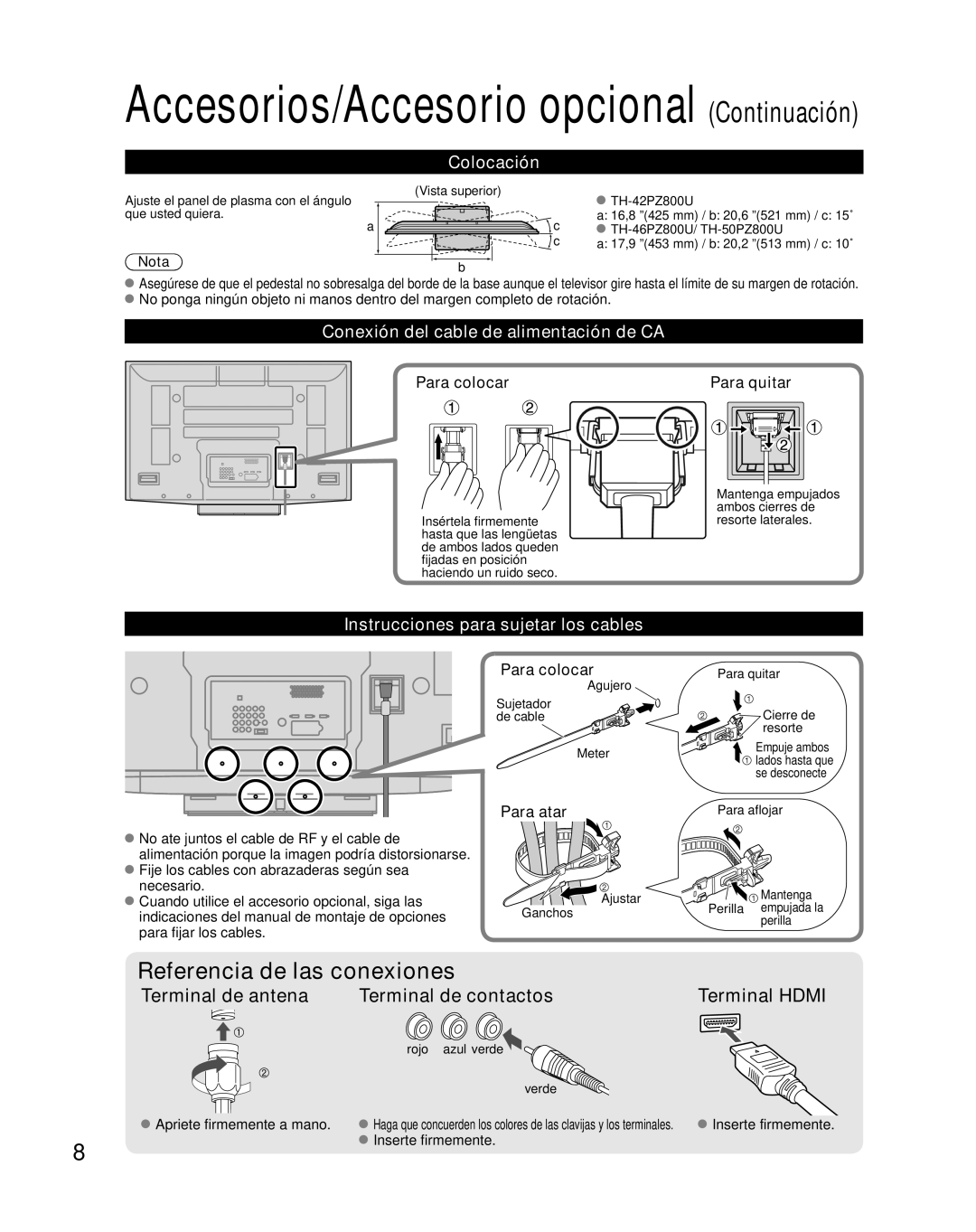 Panasonic TH-50PZ800U, TH-46PZ800U quick start Terminal de antena Terminal de contactos Terminal Hdmi, Colocación 