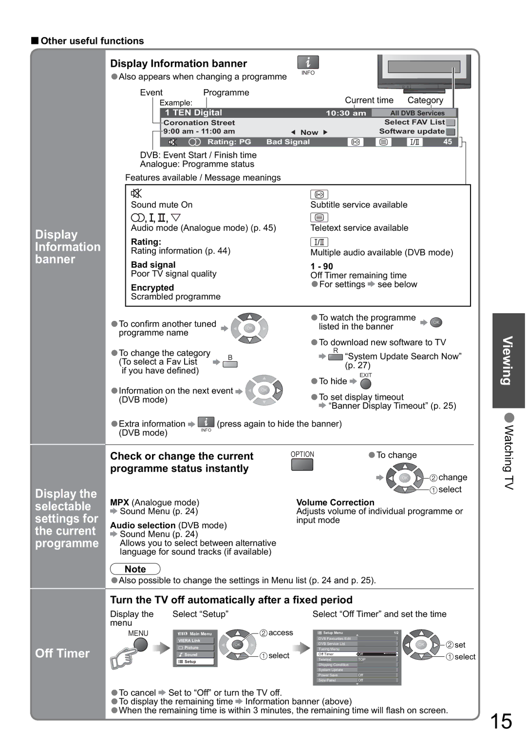 Panasonic TH-42PZ80A Off Timer, Display Information banner, Display the selectable settings for the current programme 