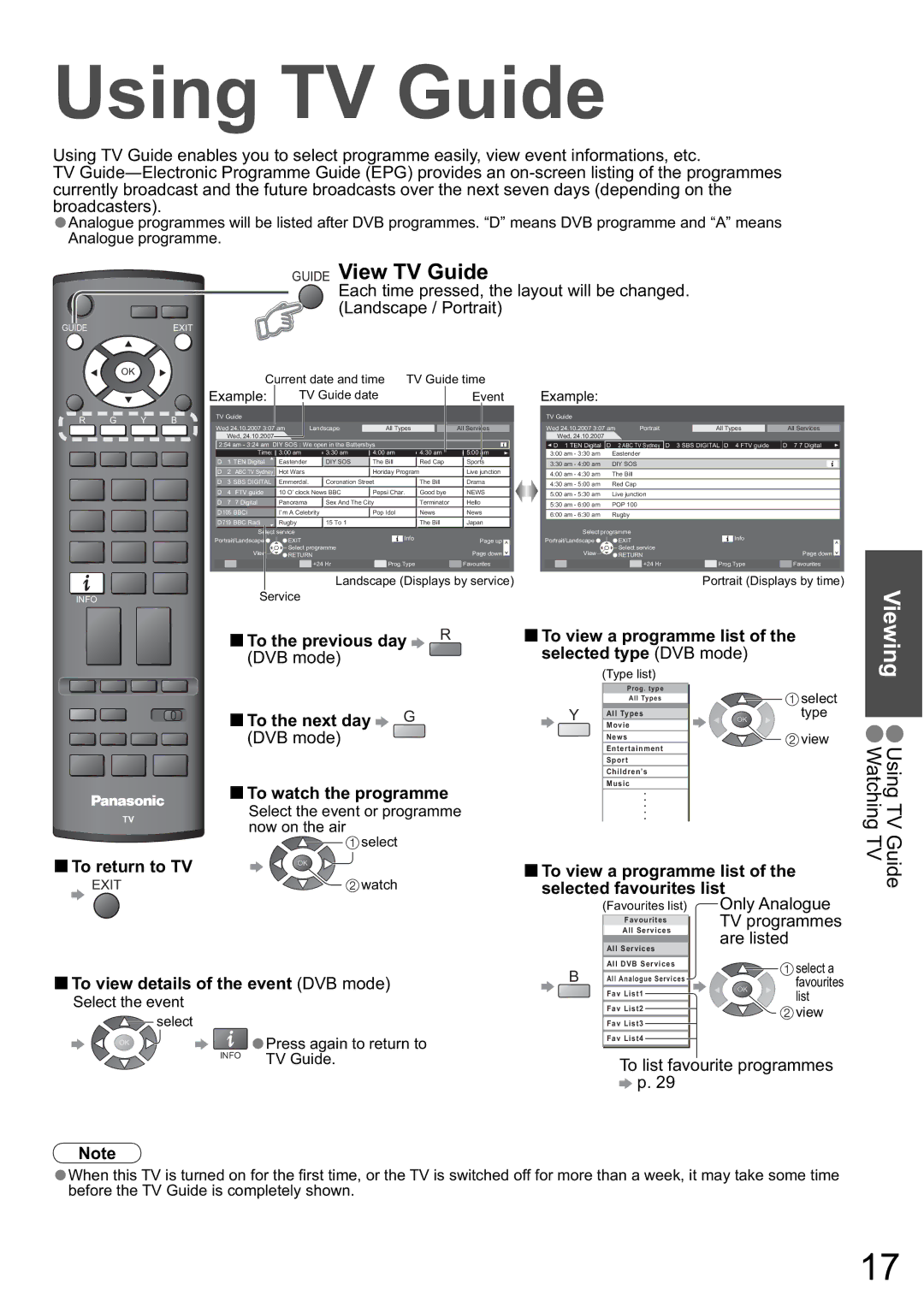 Panasonic TH-42PZ80A Using TV Guide, Guide View TV Guide, Viewing, To view a programme list of the selected type DVB mode 