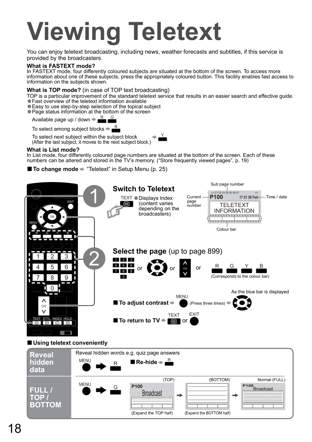 Panasonic TH-50PZ80A, TH-42PZ80A manual Viewing Teletext, Reveal, Hidden, Data 