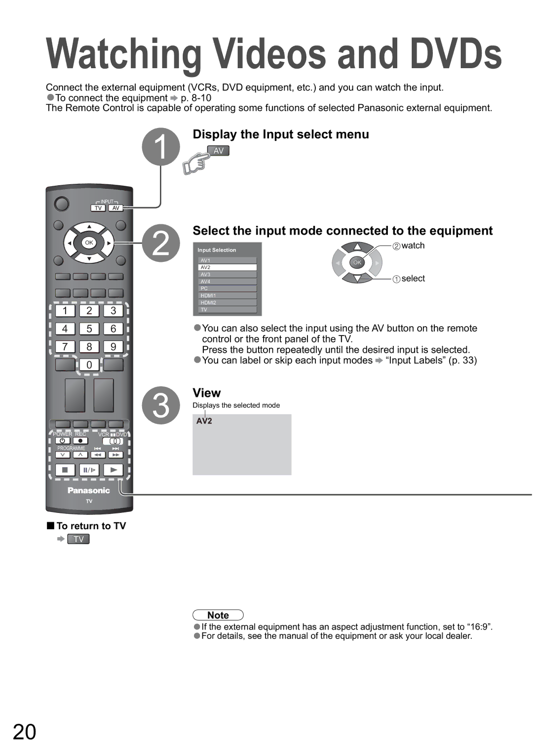 Panasonic TH-50PZ80A, TH-42PZ80A manual Display the Input select menu, To return to TV 