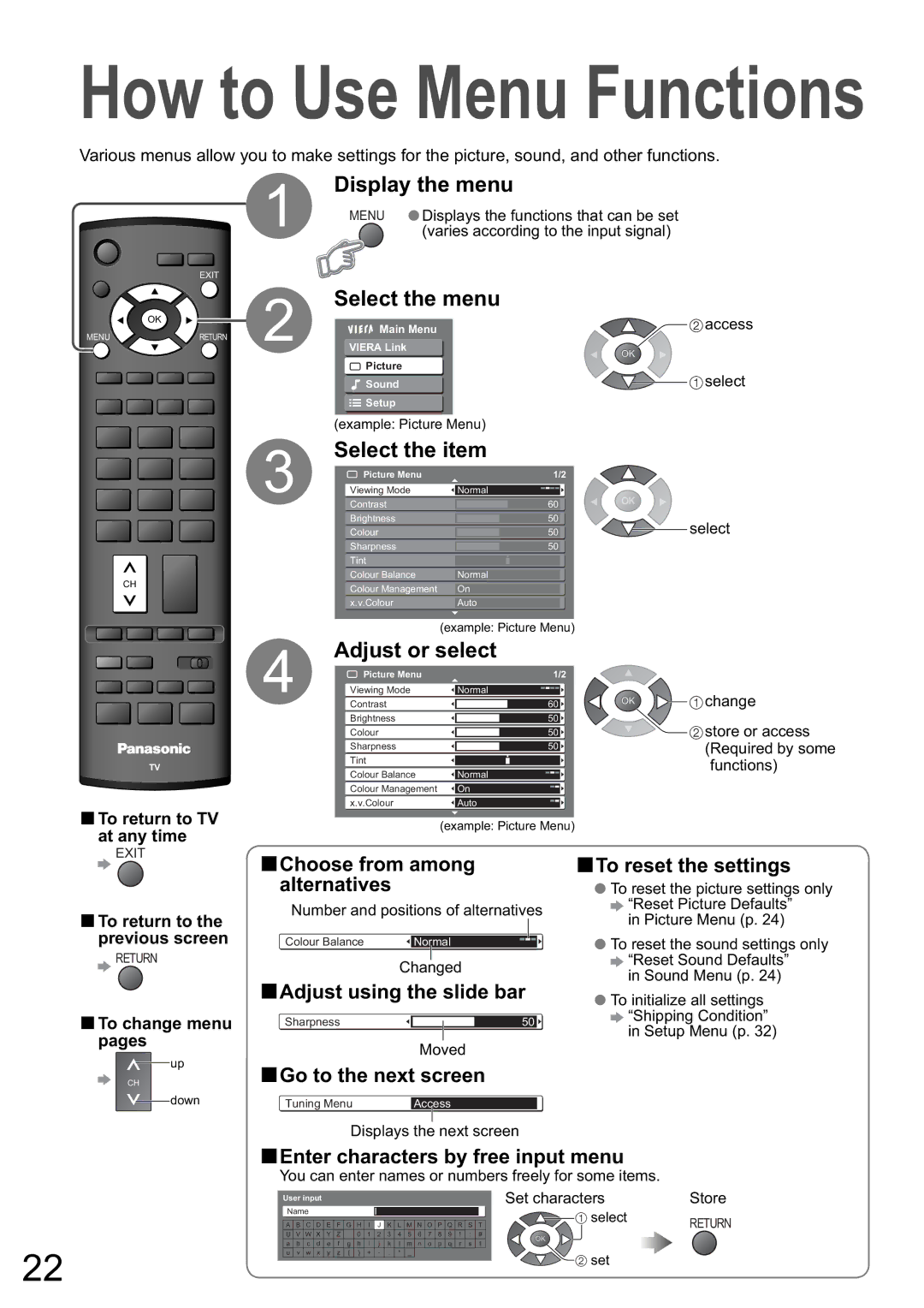 Panasonic TH-50PZ80A, TH-42PZ80A manual Display the menu, Select the menu, Select the item, Adjust or select 