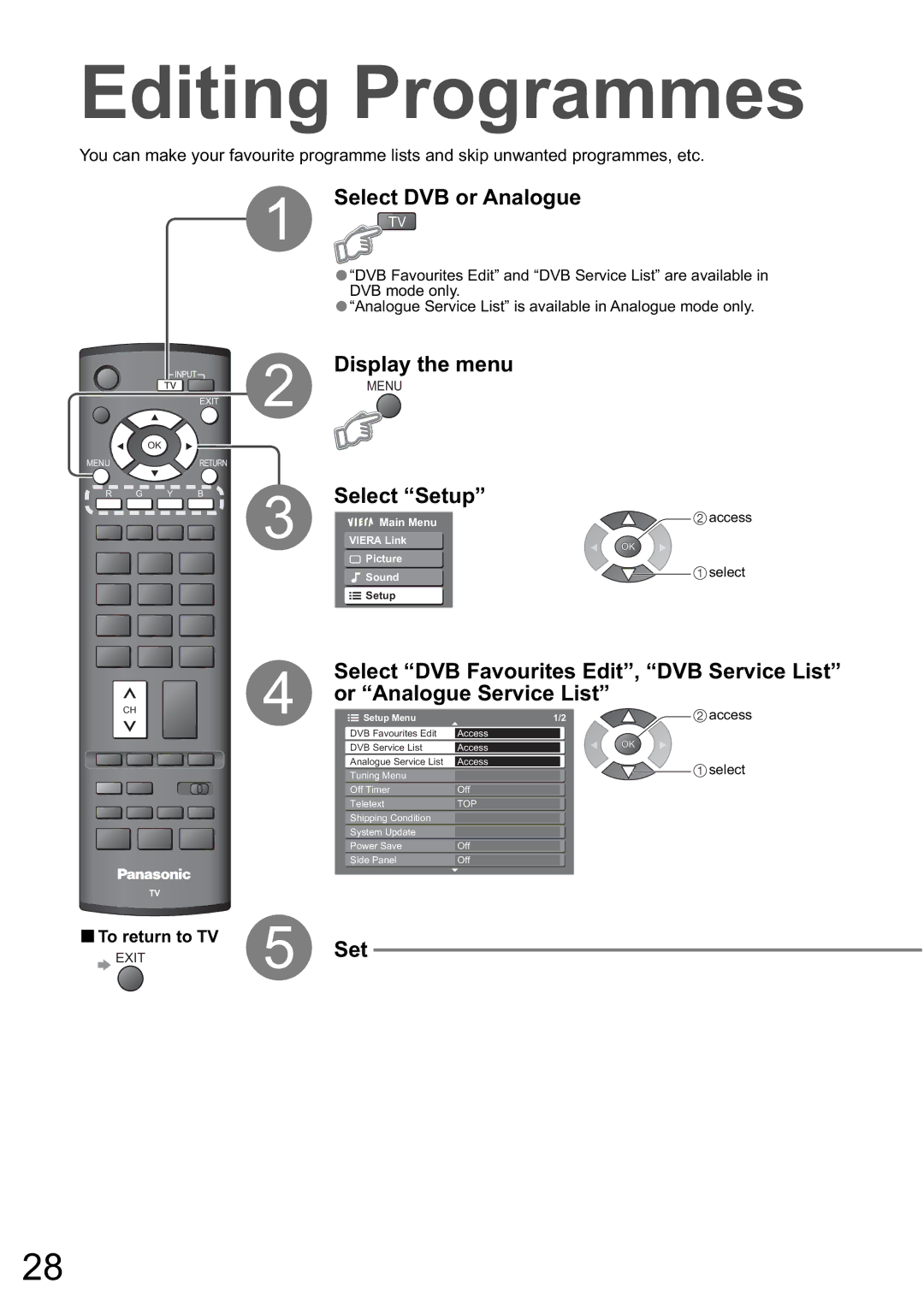 Panasonic TH-50PZ80A, TH-42PZ80A manual Editing Programmes, Select DVB or Analogue, Select Setup 