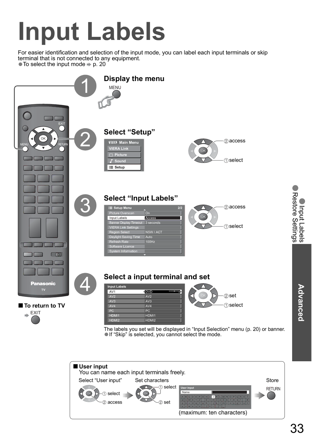 Panasonic TH-42PZ80A, TH-50PZ80A manual Select Input Labels, Select a input terminal and set, User input 