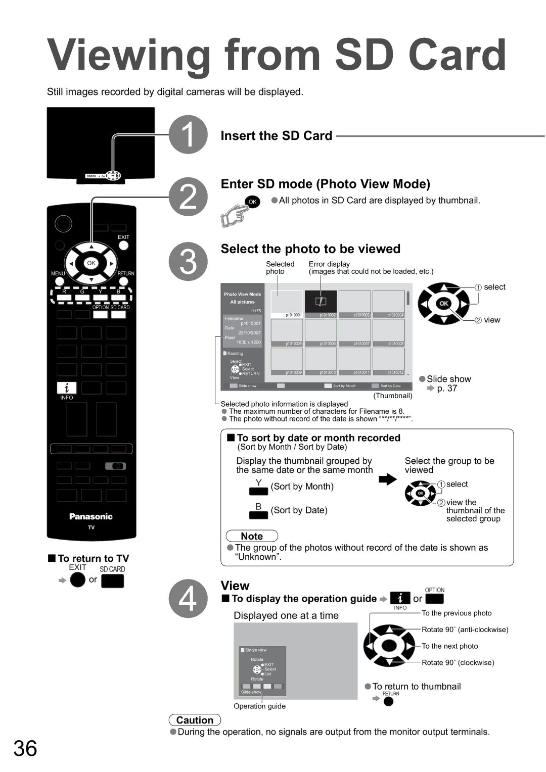 Panasonic TH-50PZ80A Viewing from SD Card, Insert the SD Card Enter SD mode Photo View Mode, Select the photo to be viewed 