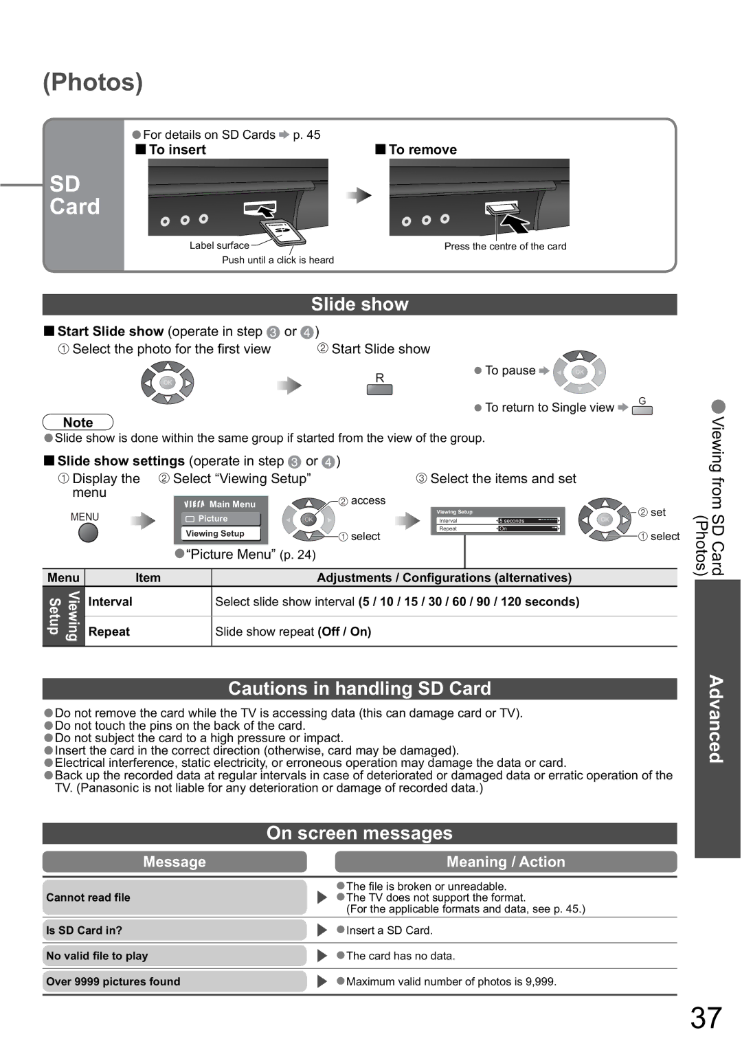 Panasonic TH-42PZ80A, TH-50PZ80A manual Slide show, On screen messages, Message Meaning / Action 