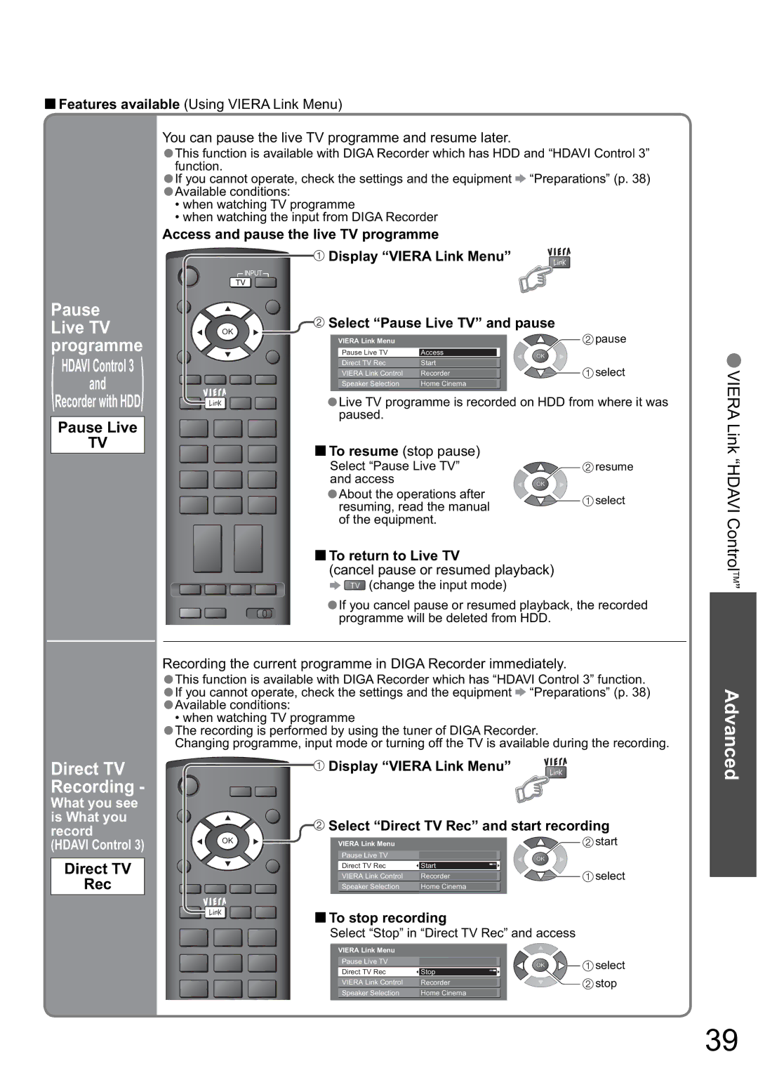 Panasonic TH-42PZ80A, TH-50PZ80A manual Live TV programme, Direct TV Recording, Pause Live 