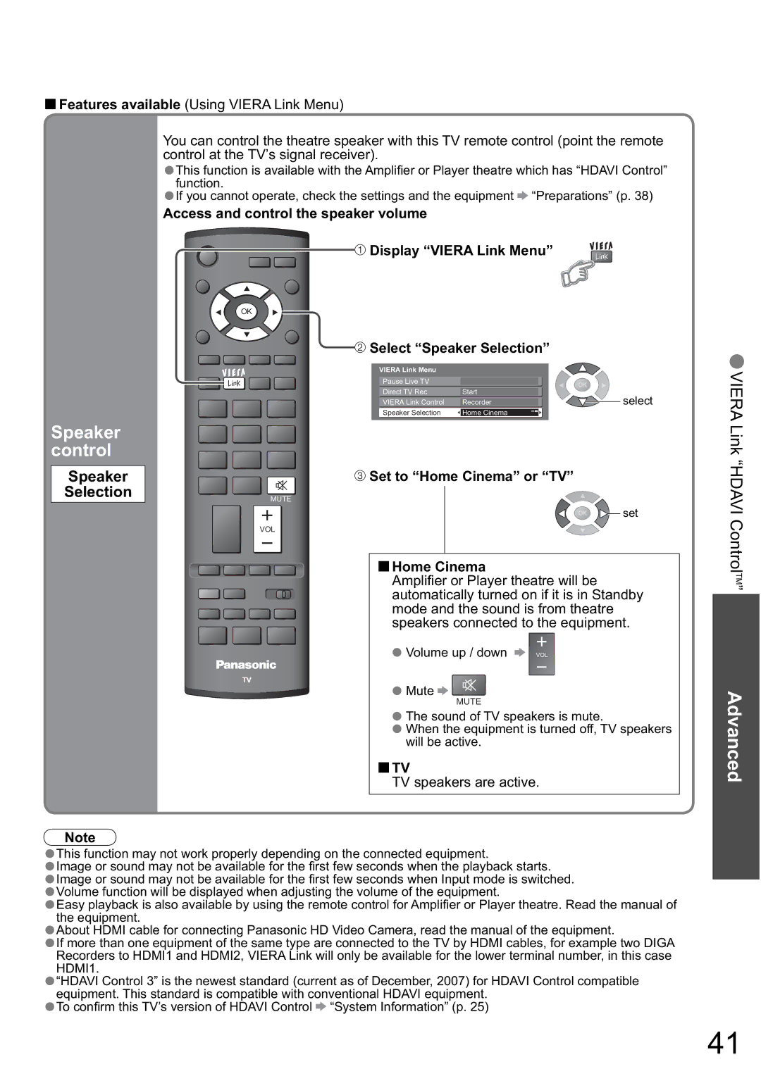 Panasonic TH-42PZ80A, TH-50PZ80A manual Speaker Control, Selection, Access and control the speaker volumefunction 