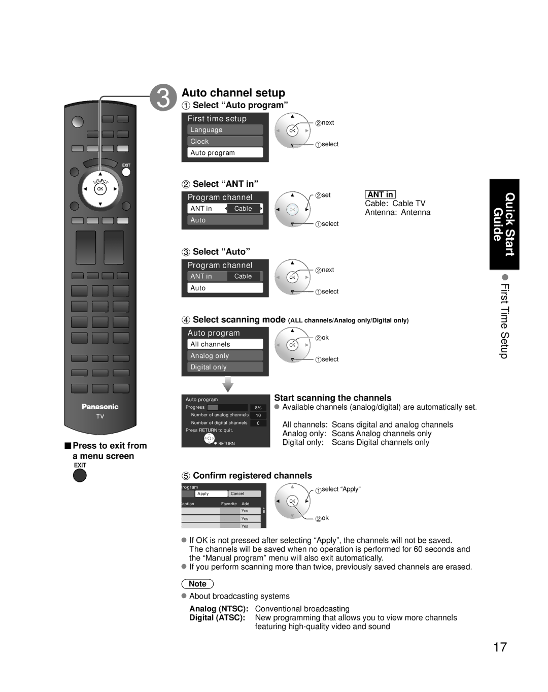 Panasonic TH-42PZ80Q, TH-50PZ80Q quick start Auto channel setup 