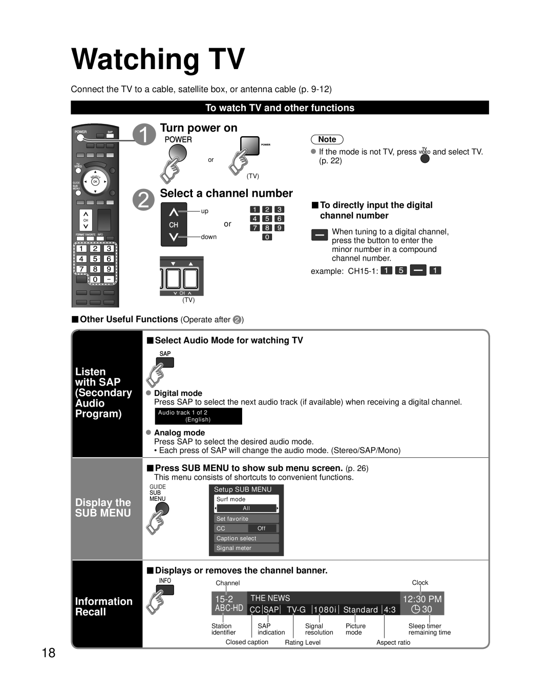 Panasonic TH-50PZ80Q Watching TV, Turn power on Select a channel number, Listen with SAP Secondary Audio Program Display 