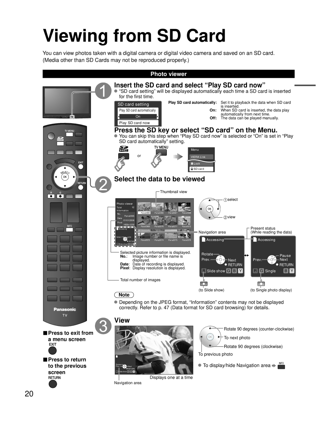 Panasonic TH-50PZ80Q Viewing from SD Card, Insert the SD card and select Play SD card now, Select the data to be viewed 