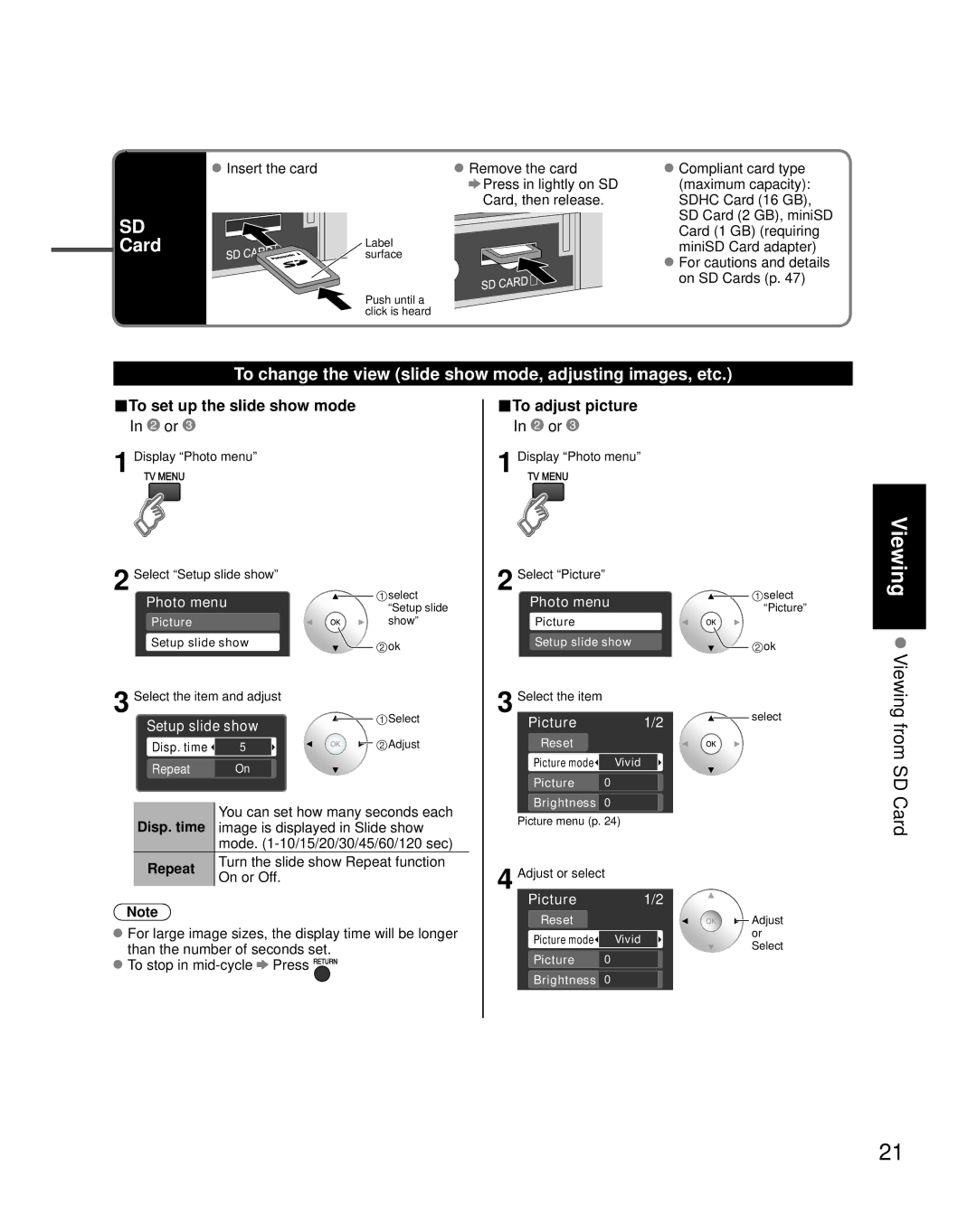 Panasonic TH-42PZ80Q Card, To change the view slide show mode, adjusting images, etc, To set up the slide show mode 