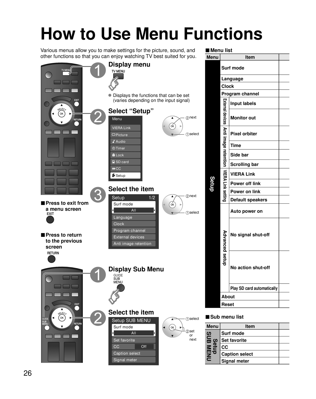 Panasonic TH-50PZ80Q, TH-42PZ80Q quick start Display Sub Menu, Setup, Sub menu list 