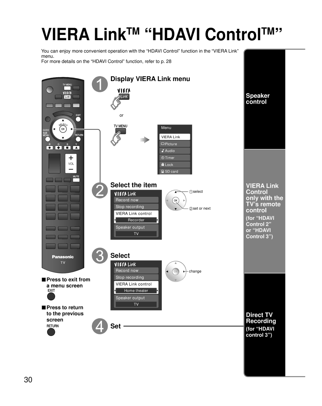 Panasonic TH-50PZ80Q, TH-42PZ80Q quick start Display Viera Link menu, Select, Direct TV Recording 