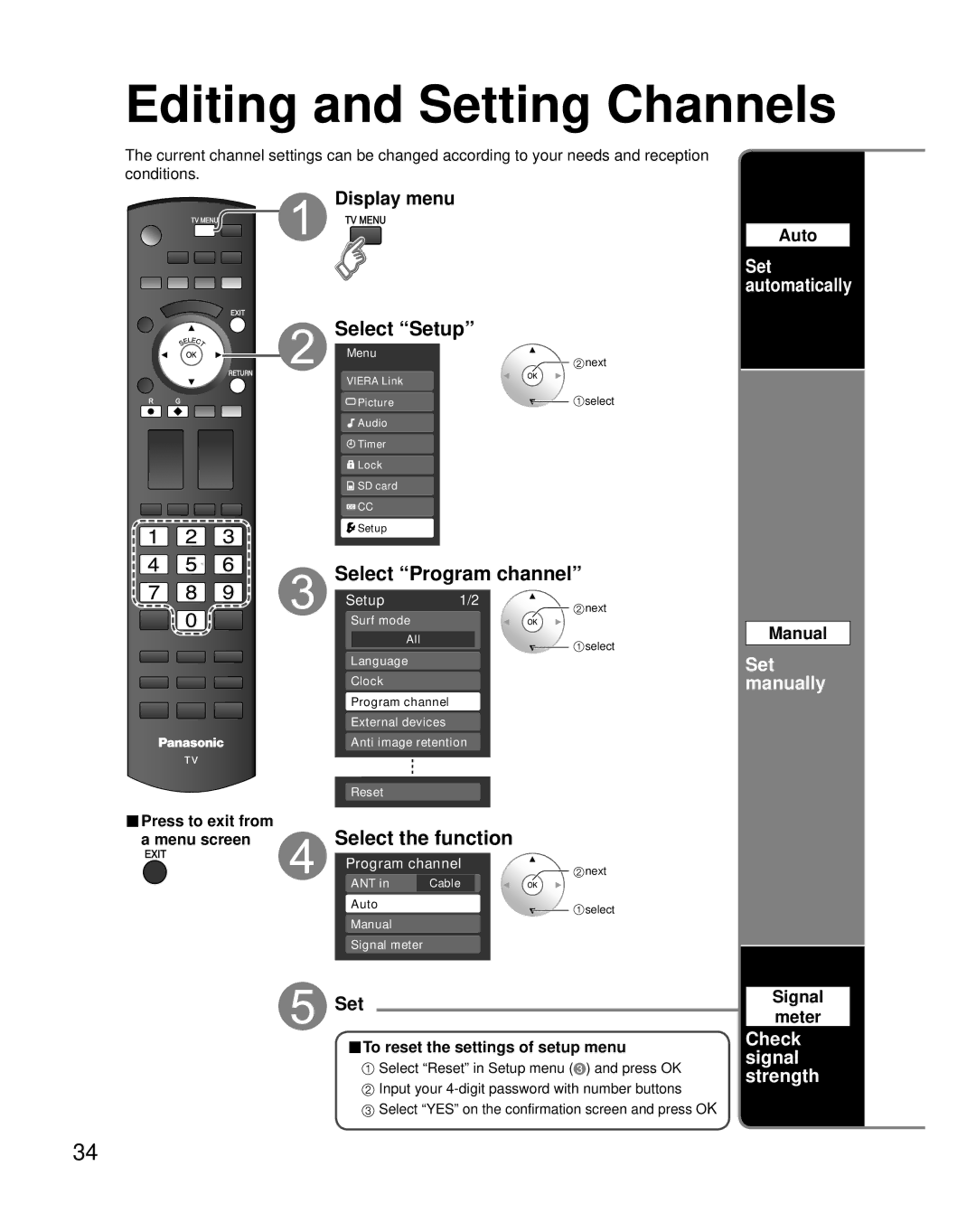 Panasonic TH-50PZ80Q, TH-42PZ80Q quick start Editing and Setting Channels, Select Program channel, Select the function 