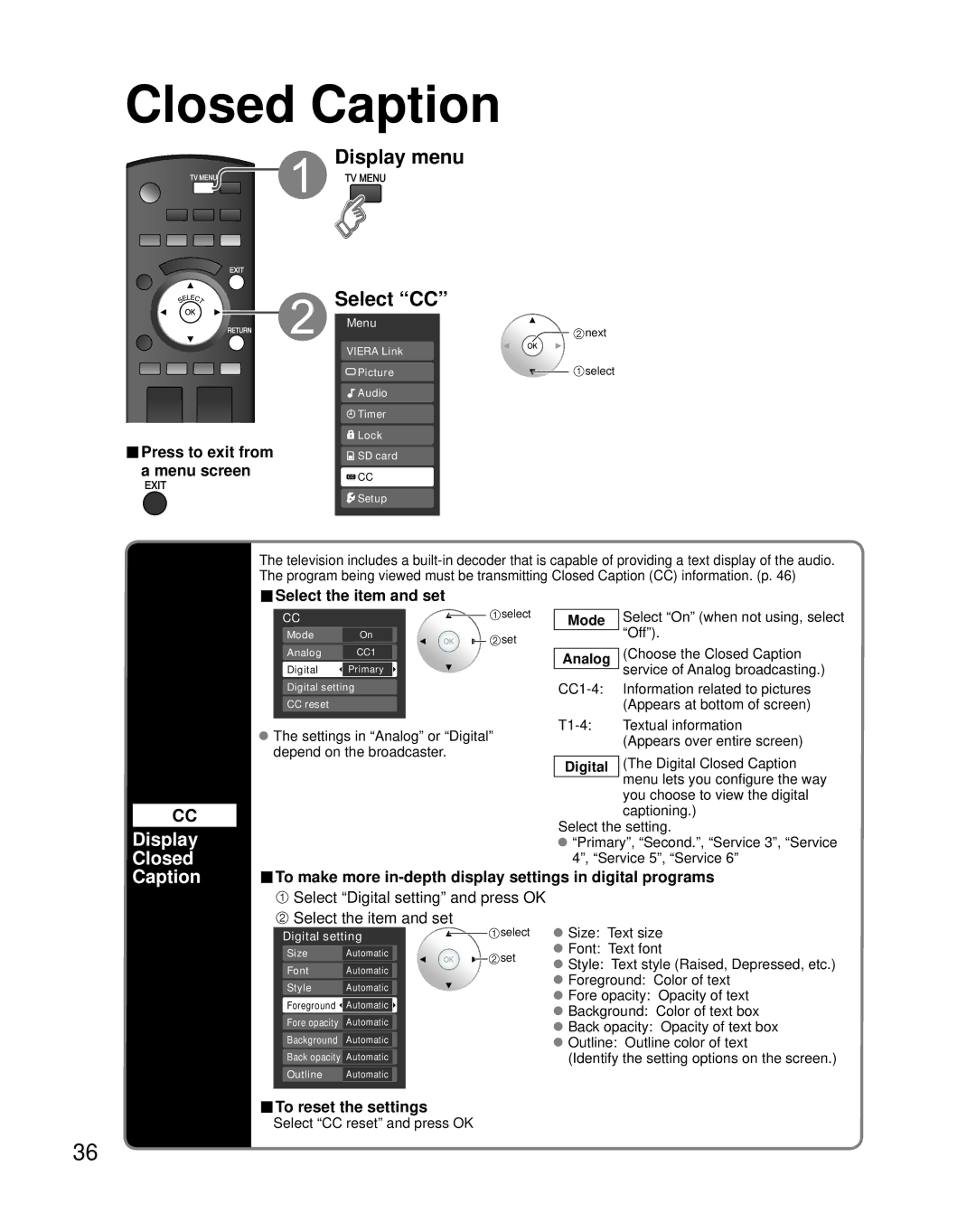 Panasonic TH-50PZ80Q Display menu Select CC, Display Closed Caption, Select the item and set, To reset the settings 