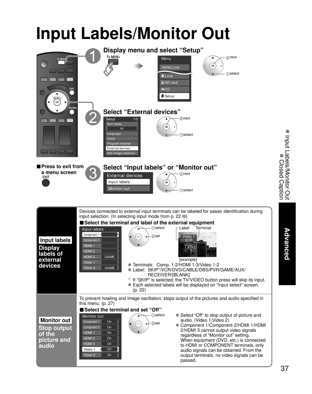 Panasonic TH-42PZ80Q, TH-50PZ80Q Input Labels/Monitor Out, Display menu and select Setup, Select External devices 