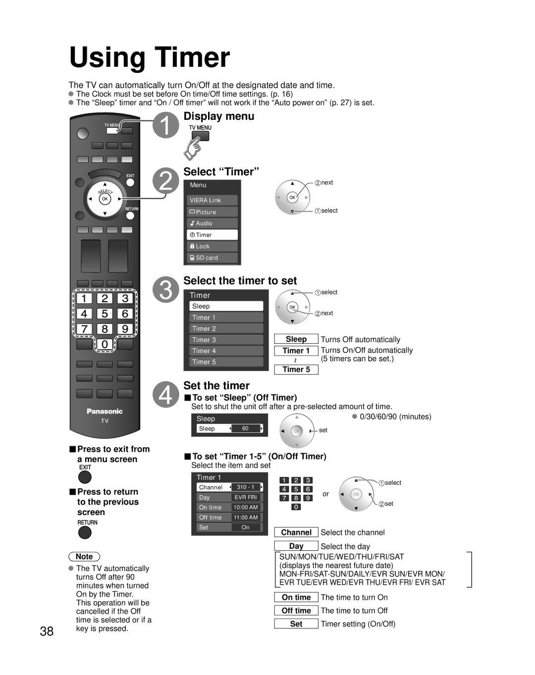 Panasonic TH-50PZ80Q Display menu Select Timer, Set the timer, To set Sleep Off Timer, To set Timer 1-5 On/Off Timer 