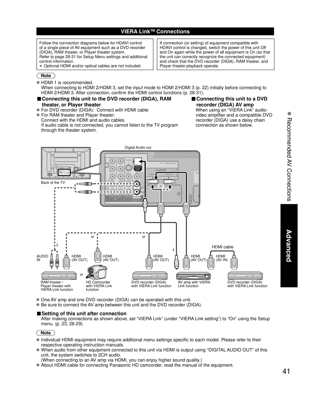 Panasonic TH-42PZ80Q, TH-50PZ80Q quick start Viera LinkTM Connections, Setting of this unit after connection 