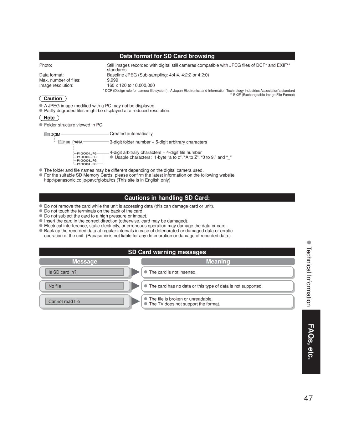 Panasonic TH-42PZ80Q, TH-50PZ80Q quick start Data format for SD Card browsing, Message, SD Card warning messages Meaning 