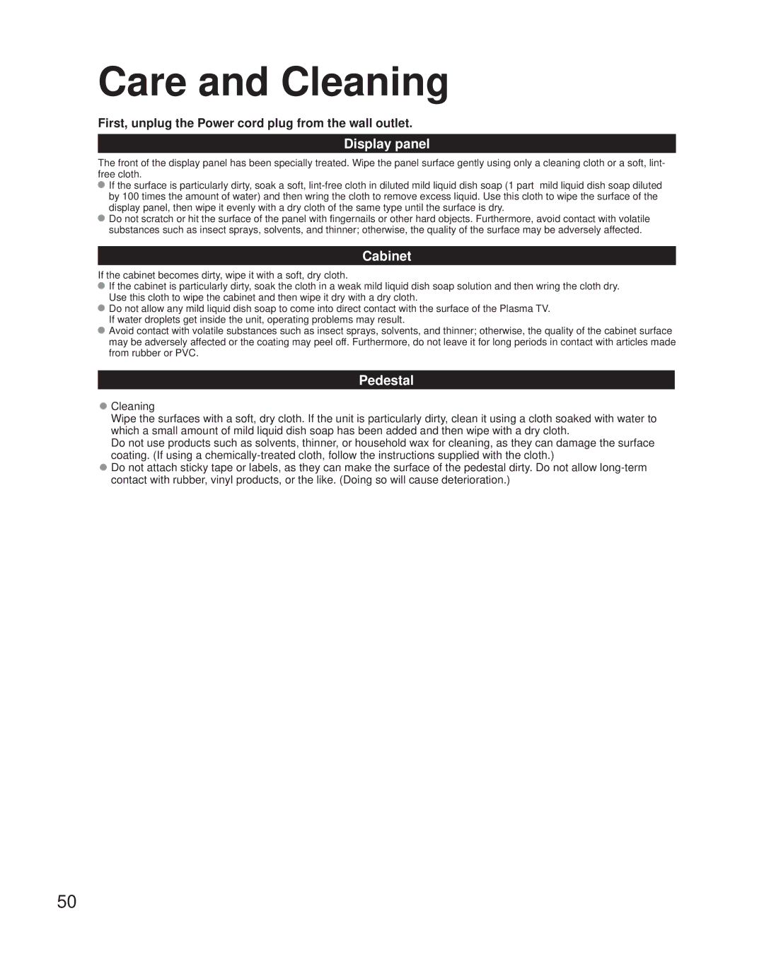 Panasonic TH-50PZ80Q, TH-42PZ80Q quick start Care and Cleaning, Display panel, Cabinet, Pedestal 