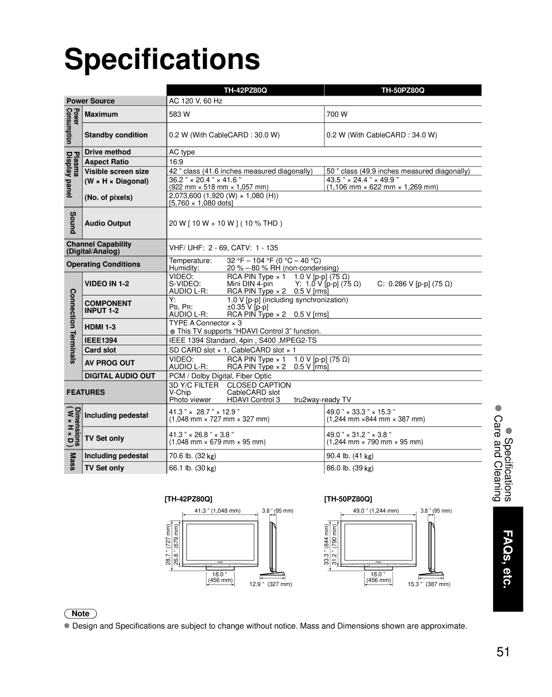 Panasonic quick start Specifications, TH-42PZ80Q TH-50PZ80Q 