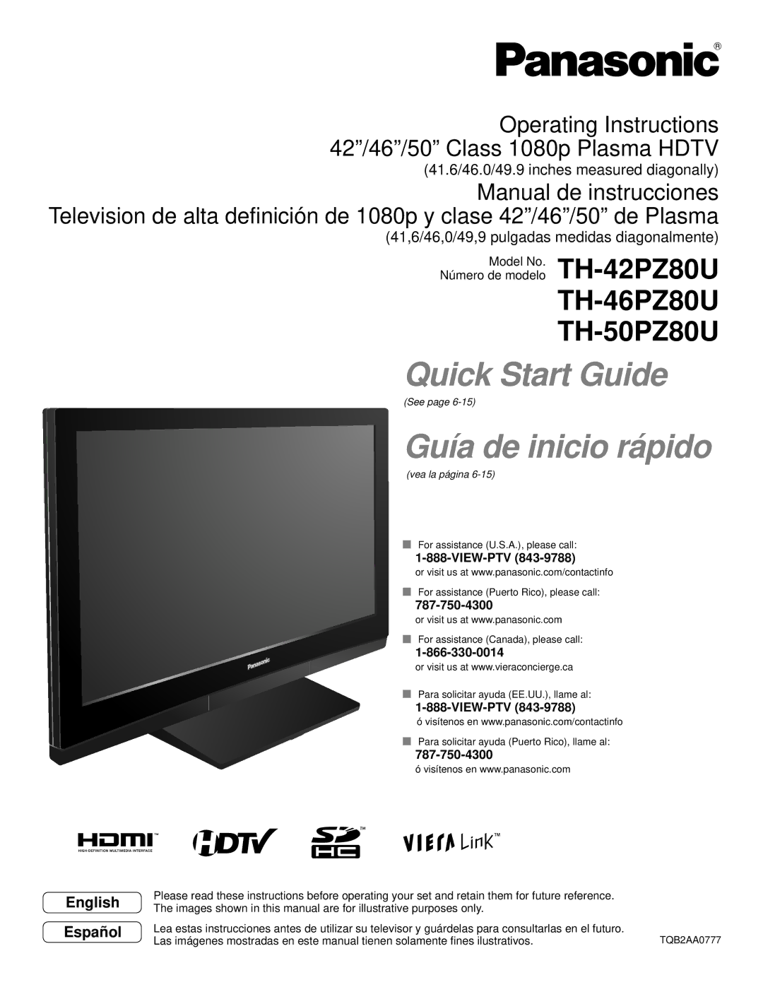 Panasonic TH-46PZ80U, TH-50PZ80U quick start Operating Instructions 42/46/50 Class 1080p Plasma Hdtv, View-Ptv 