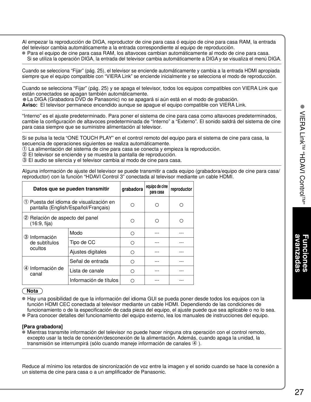 Panasonic TH-46PZ80U, TH-50PZ80U quick start Datos que se pueden transmitir, Para grabadora 