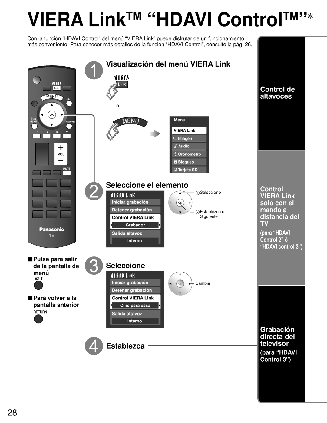 Panasonic TH-50PZ80U, TH-46PZ80U quick start Visualización del menú Viera Link, Grabación directa del televisor 