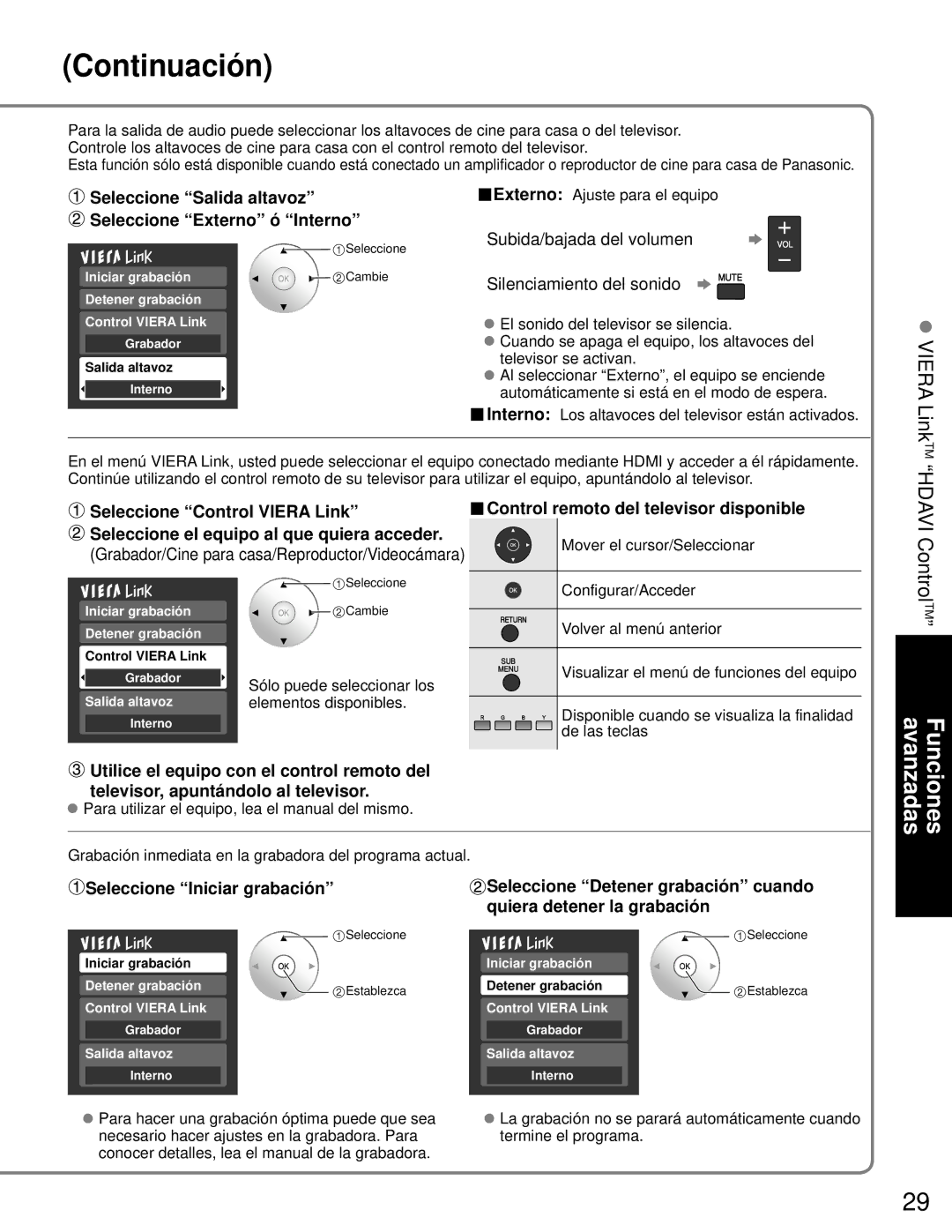 Panasonic TH-46PZ80U Seleccione Salida altavoz Seleccione Externo ó Interno, Control remoto del televisor disponible 