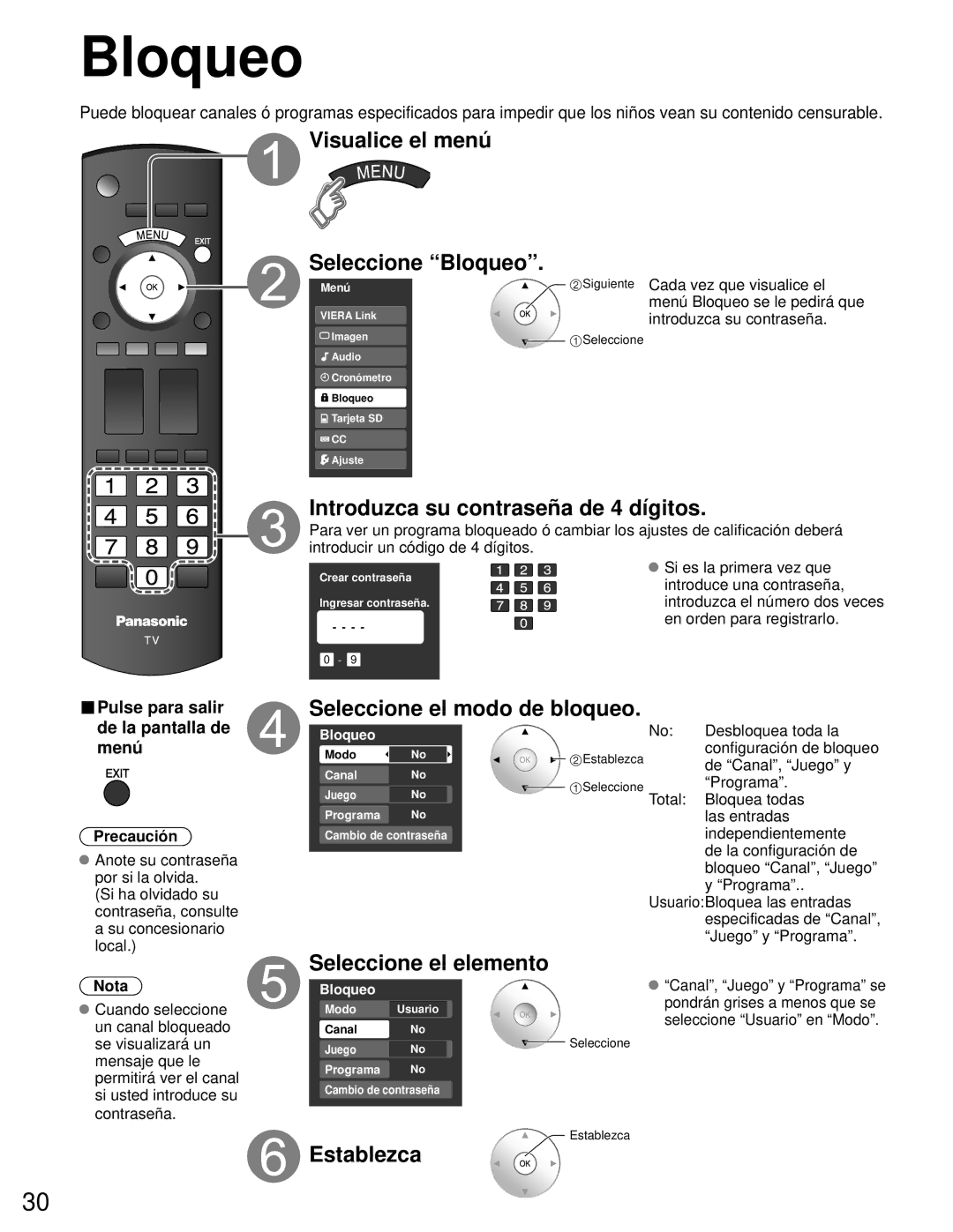 Panasonic TH-50PZ80U, TH-46PZ80U quick start Visualice el menú Seleccione Bloqueo, Introduzca su contraseña de 4 dígitos 