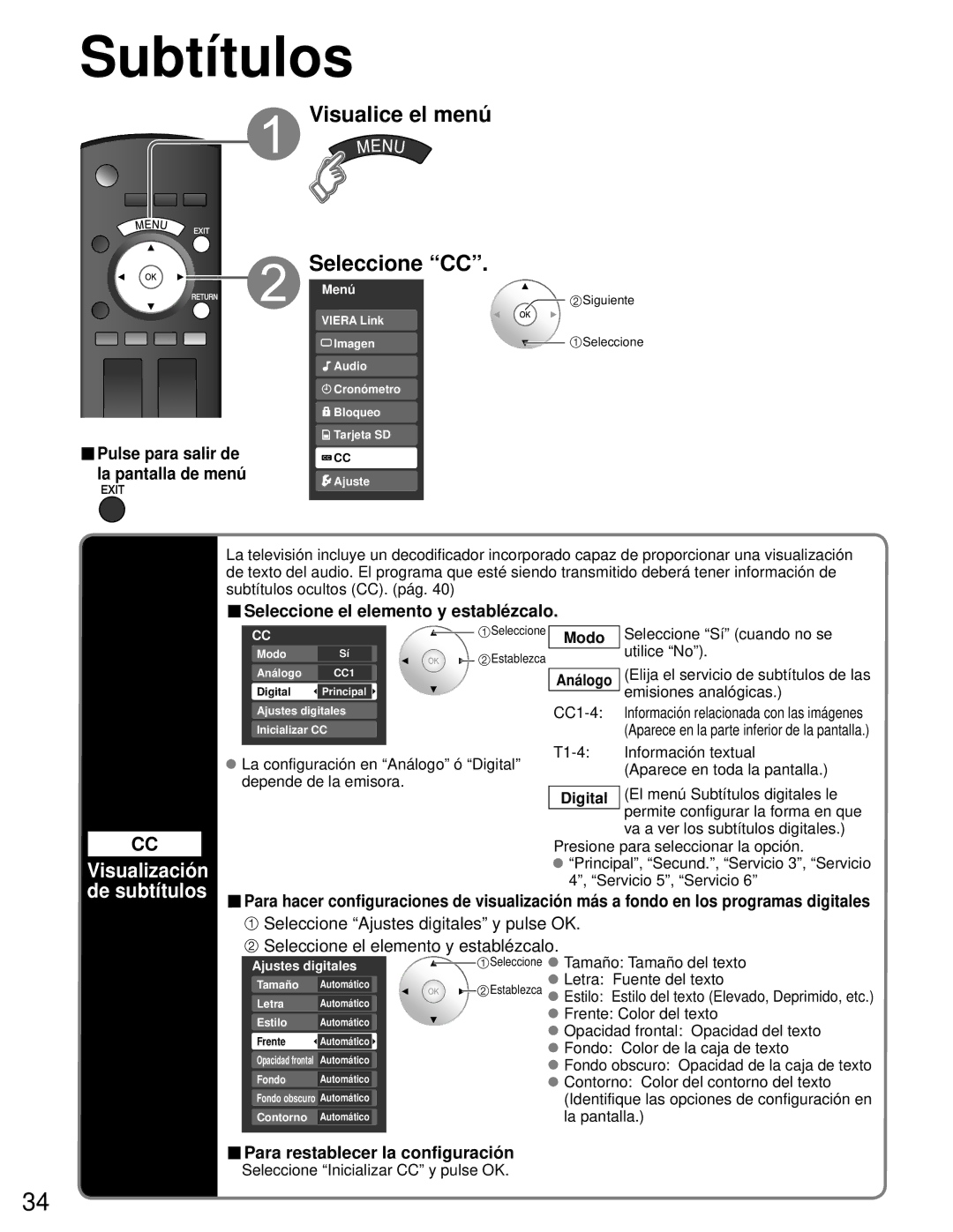 Panasonic TH-50PZ80U, TH-46PZ80U quick start Subtítulos, Visualice el menú Seleccione CC, Visualización de subtítulos 