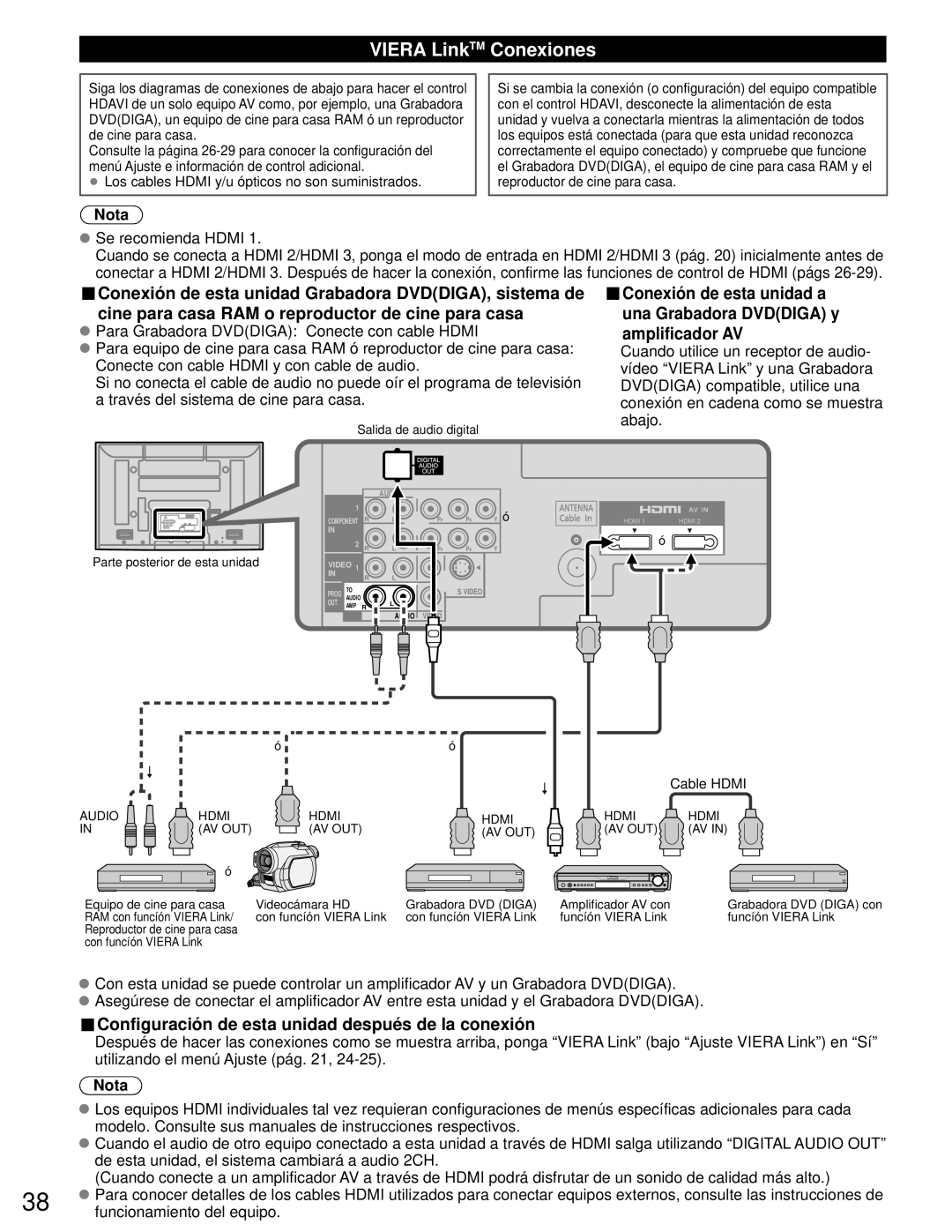 Panasonic TH-50PZ80U Viera LinkTM Conexiones, Amplificador AV, Configuración de esta unidad después de la conexión 