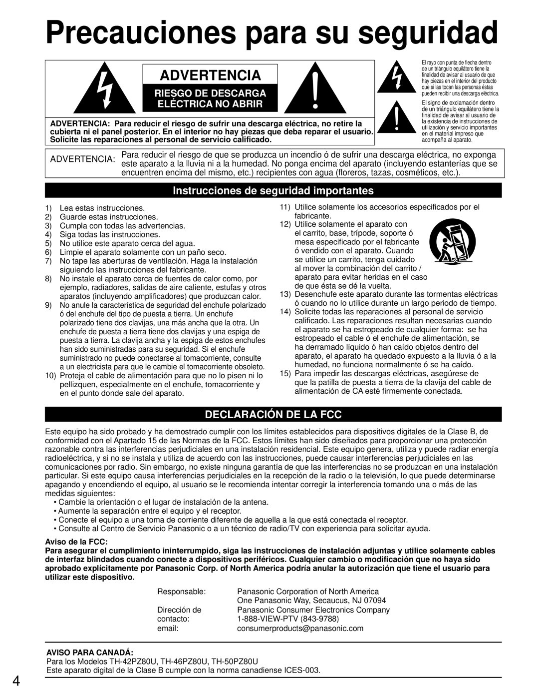 Panasonic TH-50PZ80U, TH-46PZ80U quick start Precauciones para su seguridad, Instrucciones de seguridad importantes 