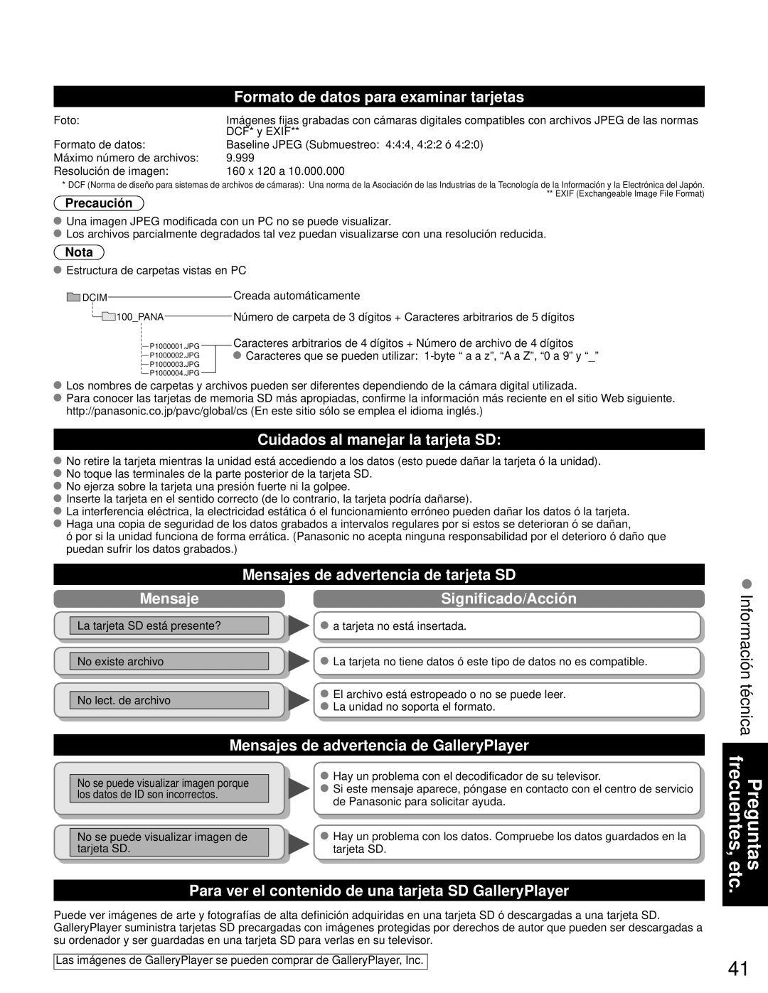 Panasonic TH-46PZ80U, TH-50PZ80U quick start Formato de datos para examinar tarjetas, Cuidados al manejar la tarjeta SD 