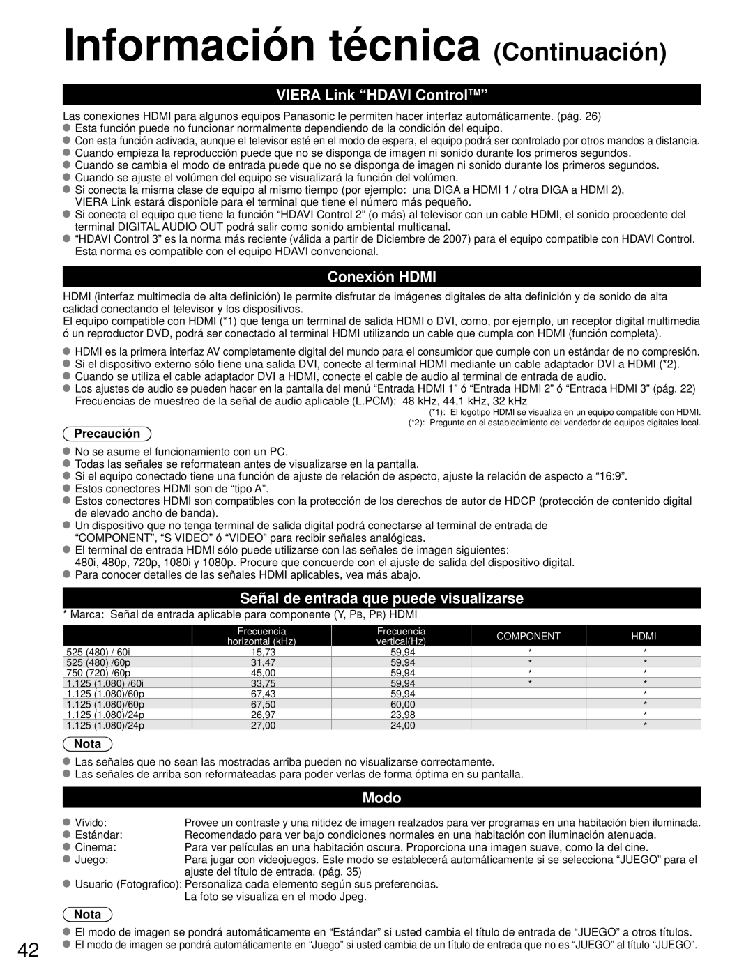 Panasonic TH-50PZ80U, TH-46PZ80U Información técnica Continuación, Viera Link Hdavi ControlTM, Conexión Hdmi, Modo 