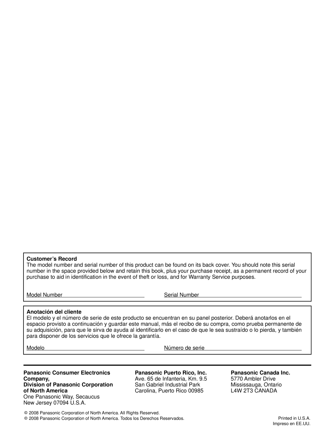 Panasonic TH-50PZ80U quick start Customer’s Record, Anotación del cliente, Division of Panasonic Corporation, North America 