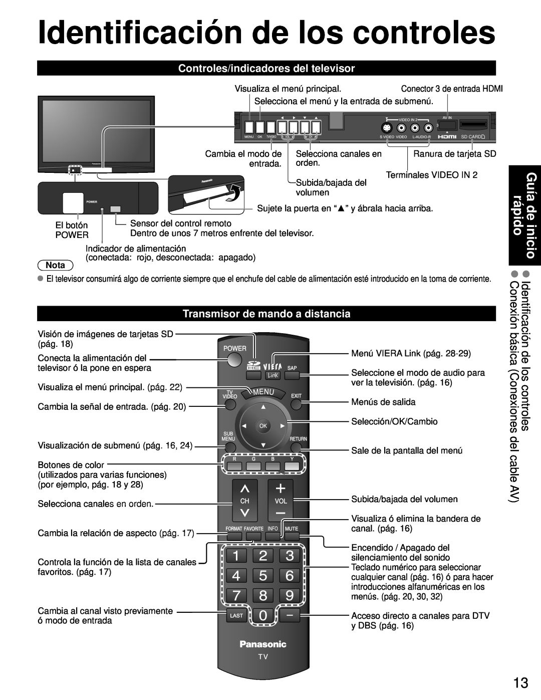 Panasonic TH-46PZ80U Identificación de los controles, Guía de inicio rápido, Controles/indicadores del televisor, Nota 