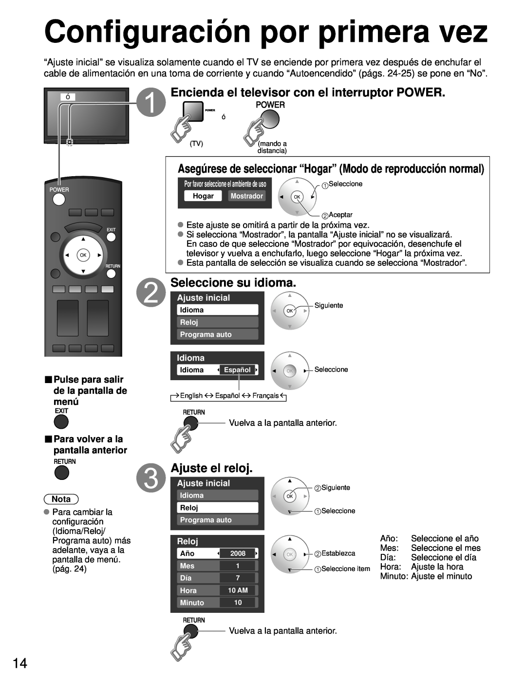 Panasonic TH-50PZ80U Configuración por primera vez, Encienda el televisor con el interruptor POWER, Seleccione su idioma 