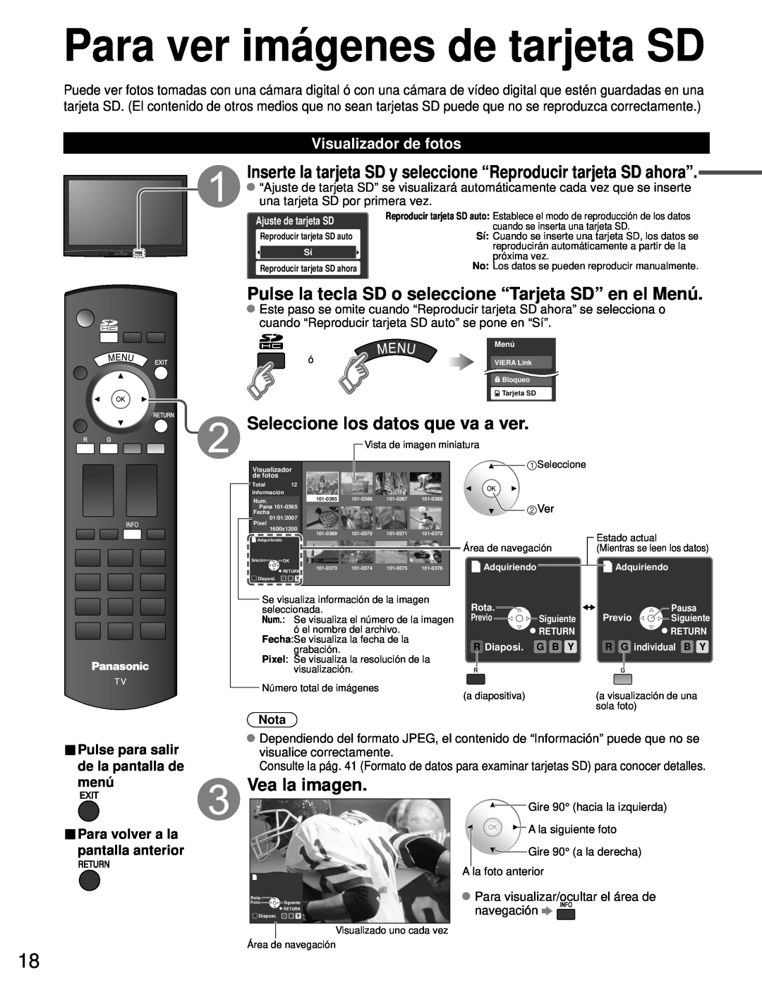 Panasonic TH-50PZ80U Para ver imágenes de tarjeta SD, Pulse la tecla SD o seleccione “Tarjeta SD” en el Menú, menú, Nota 