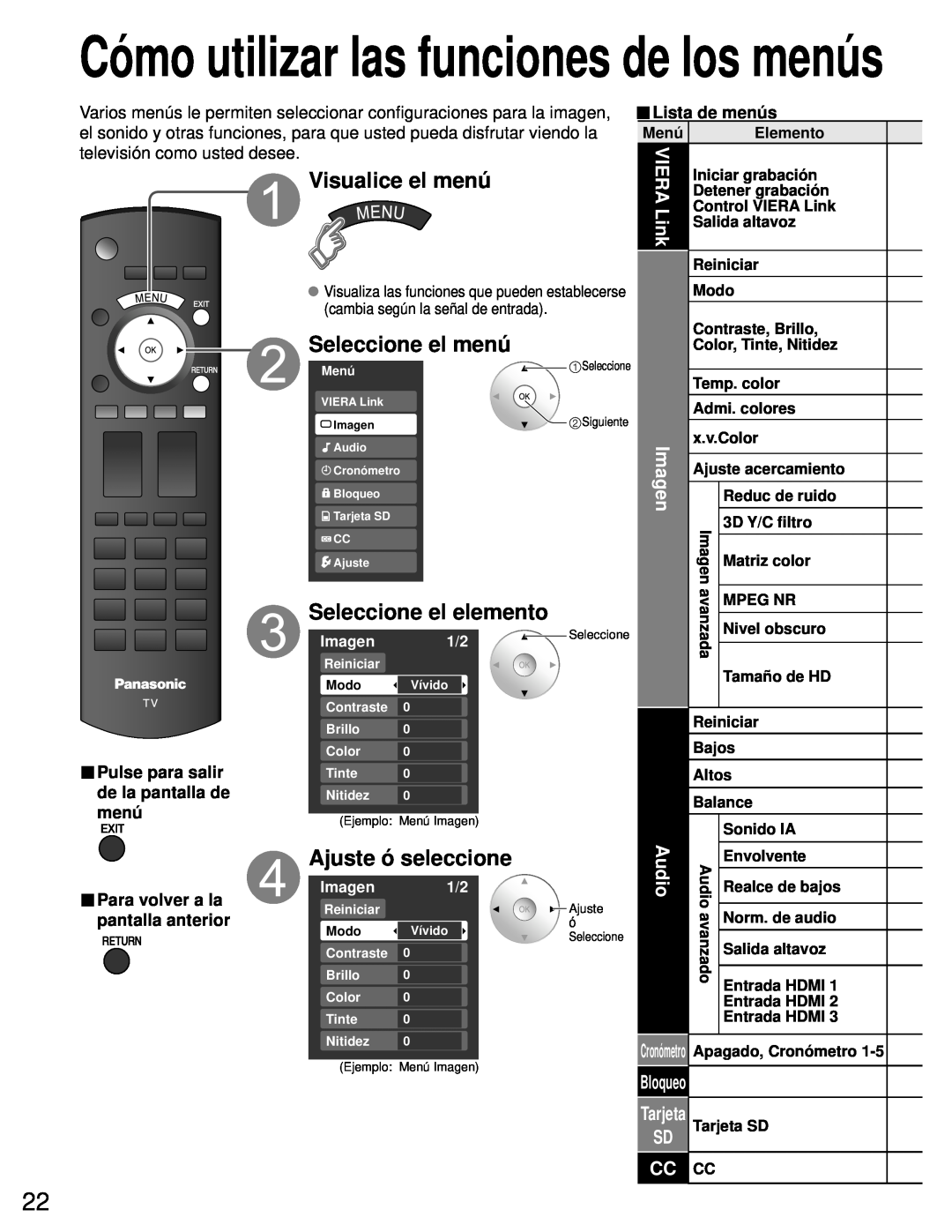 Panasonic TH-50PZ80U Cómo utilizar las funciones de los menús, Visualice el menú, Seleccione el menú, Ajuste ó seleccione 