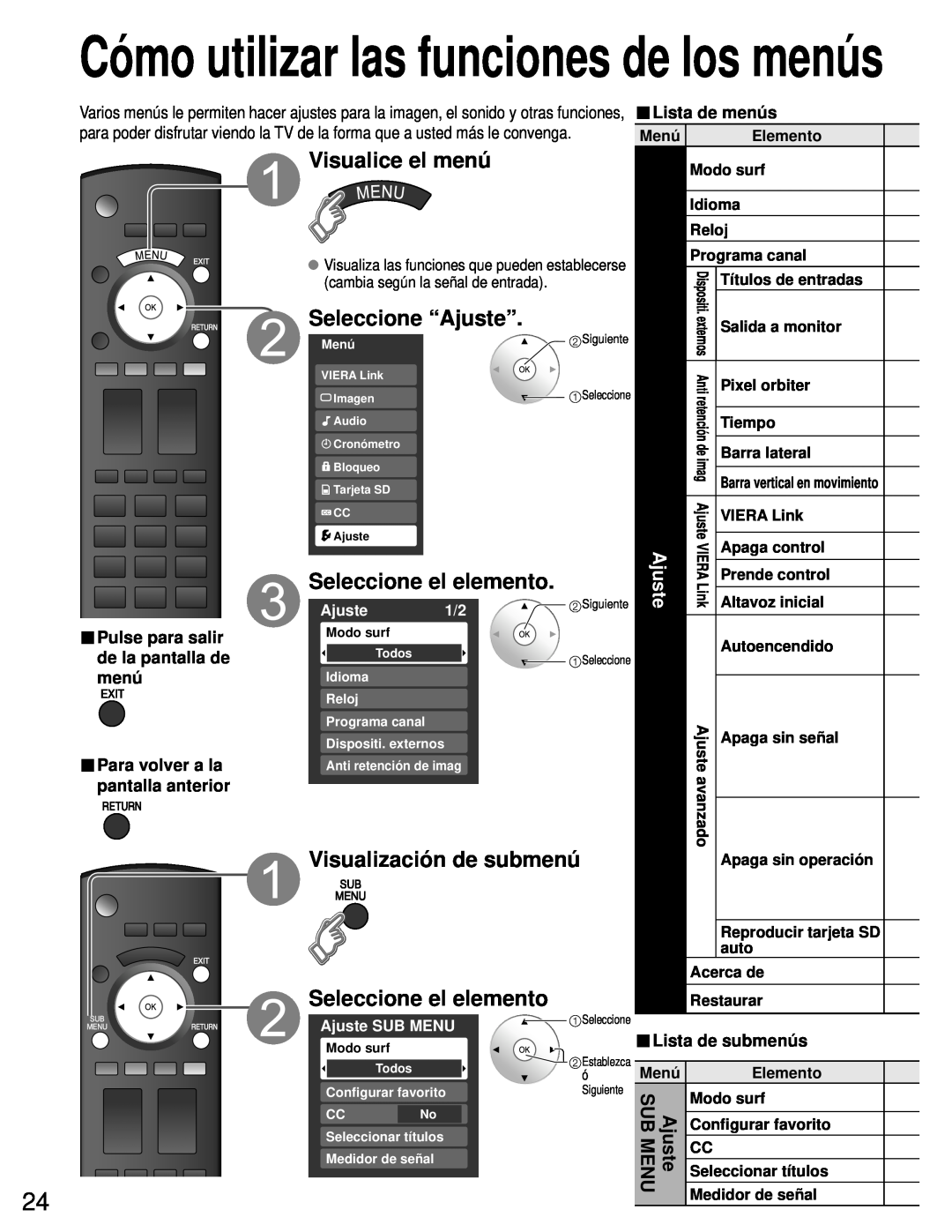 Panasonic TH-50PZ80U Seleccione “Ajuste”, Visualización de submenú, Lista de menús, de la pantalla de, pantalla anterior 