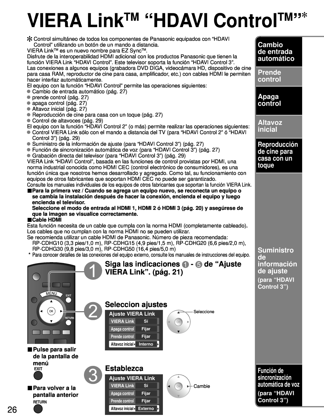 Panasonic TH-50PZ80U VIERA LinkTM “HDAVI ControlTM”, Siga las indicaciones - de “Ajuste VIERA Link”. pág, Establezca 