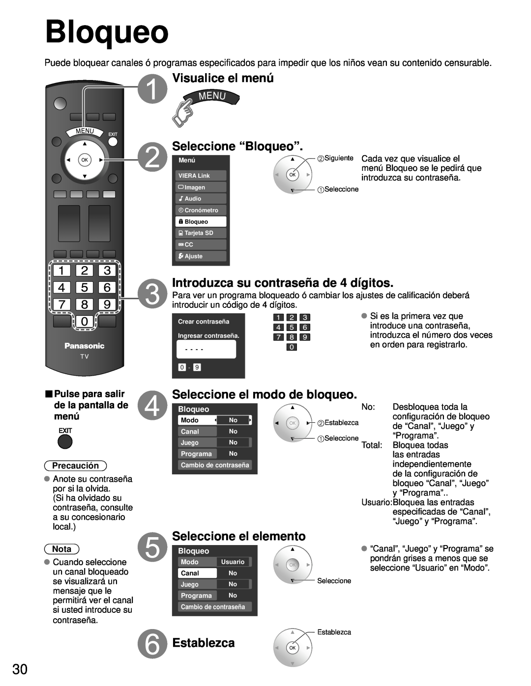 Panasonic TH-50PZ80U Visualice el menú Seleccione “Bloqueo”, Introduzca su contraseña de 4 dígitos, Establezca, Nota 