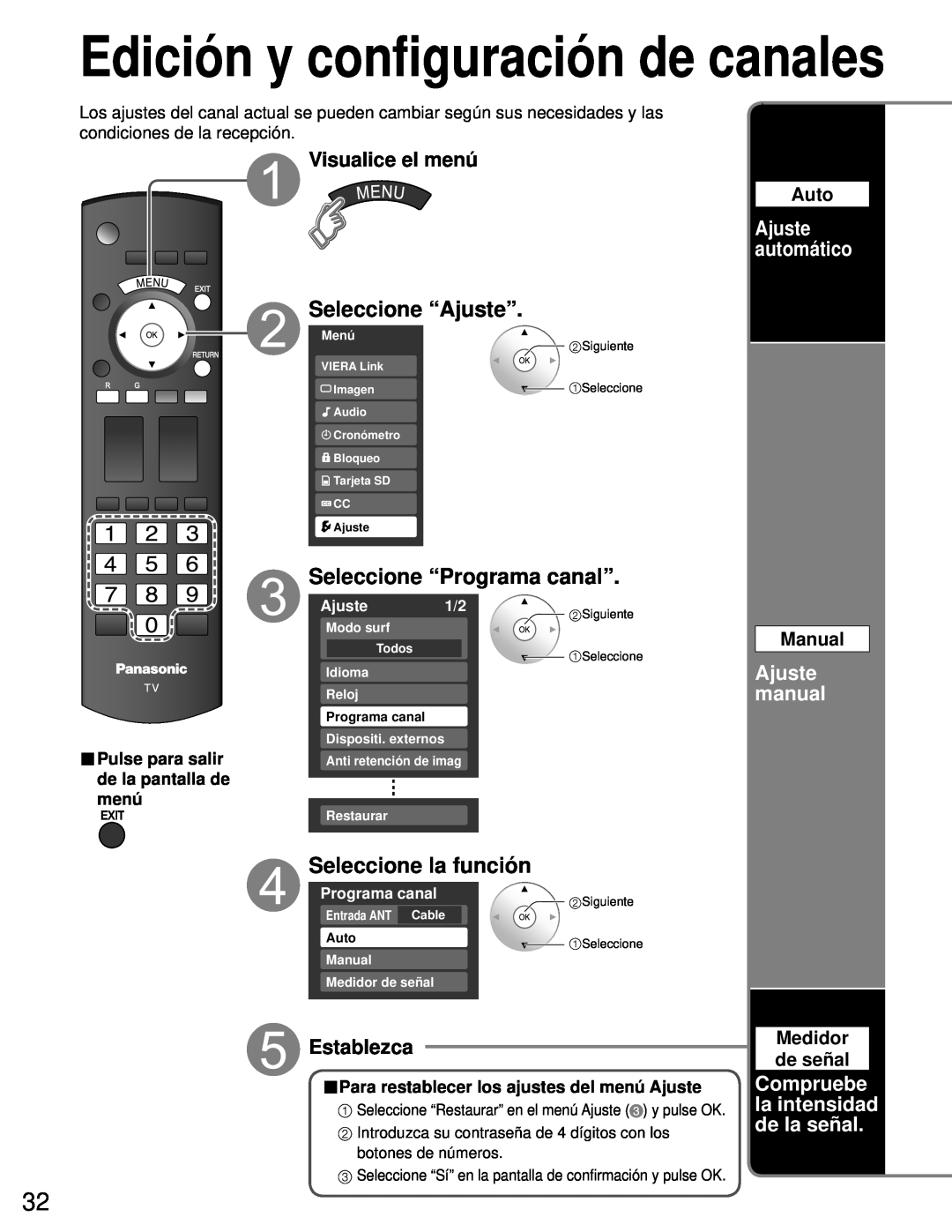 Panasonic TH-50PZ80U Seleccione “Programa canal”, Seleccione la función, Visualice el menú, Ajuste automático, Establezca 