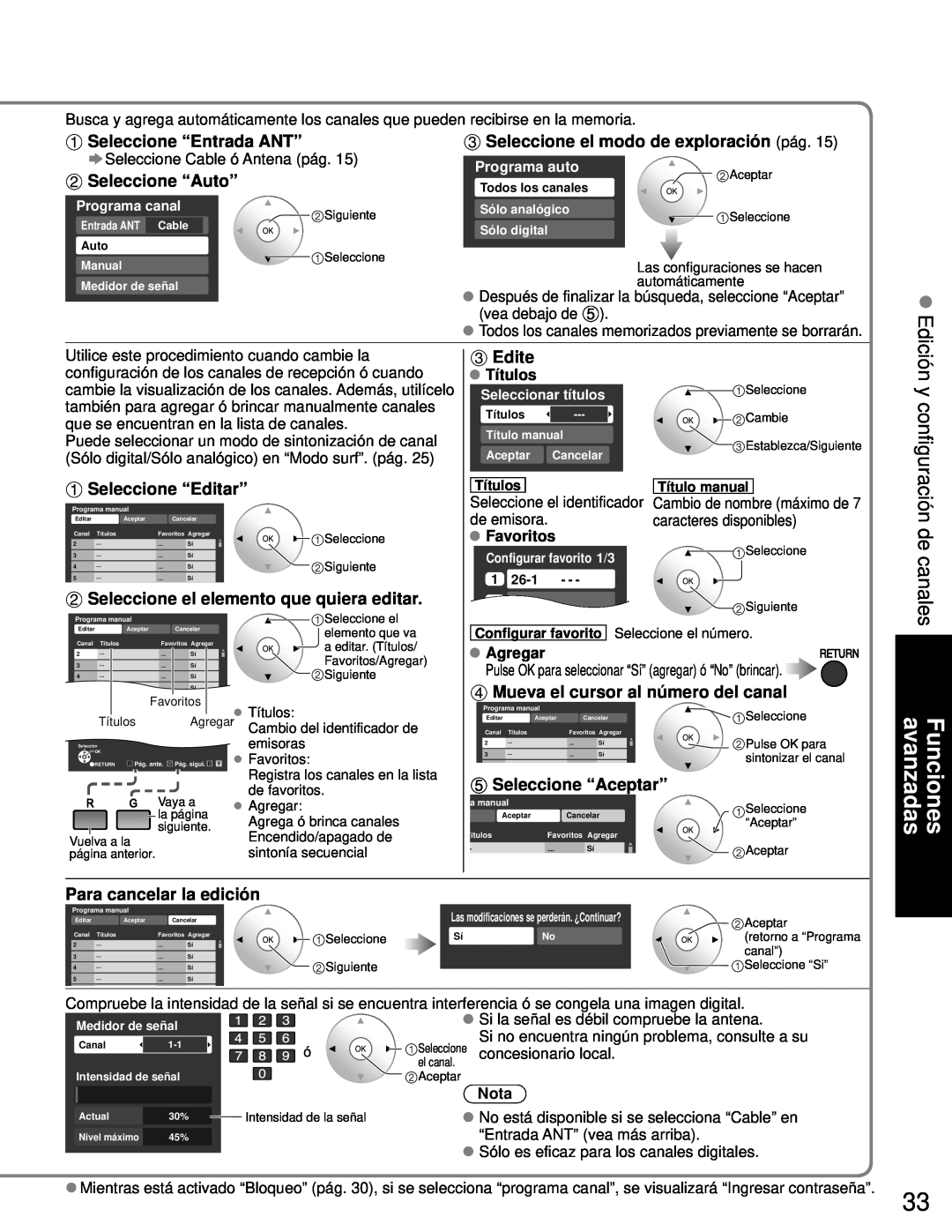 Panasonic TH-46PZ80U Seleccione “Auto”, Seleccione el modo de exploración pág, Seleccione “Editar”, Edite, Títulos, Nota 