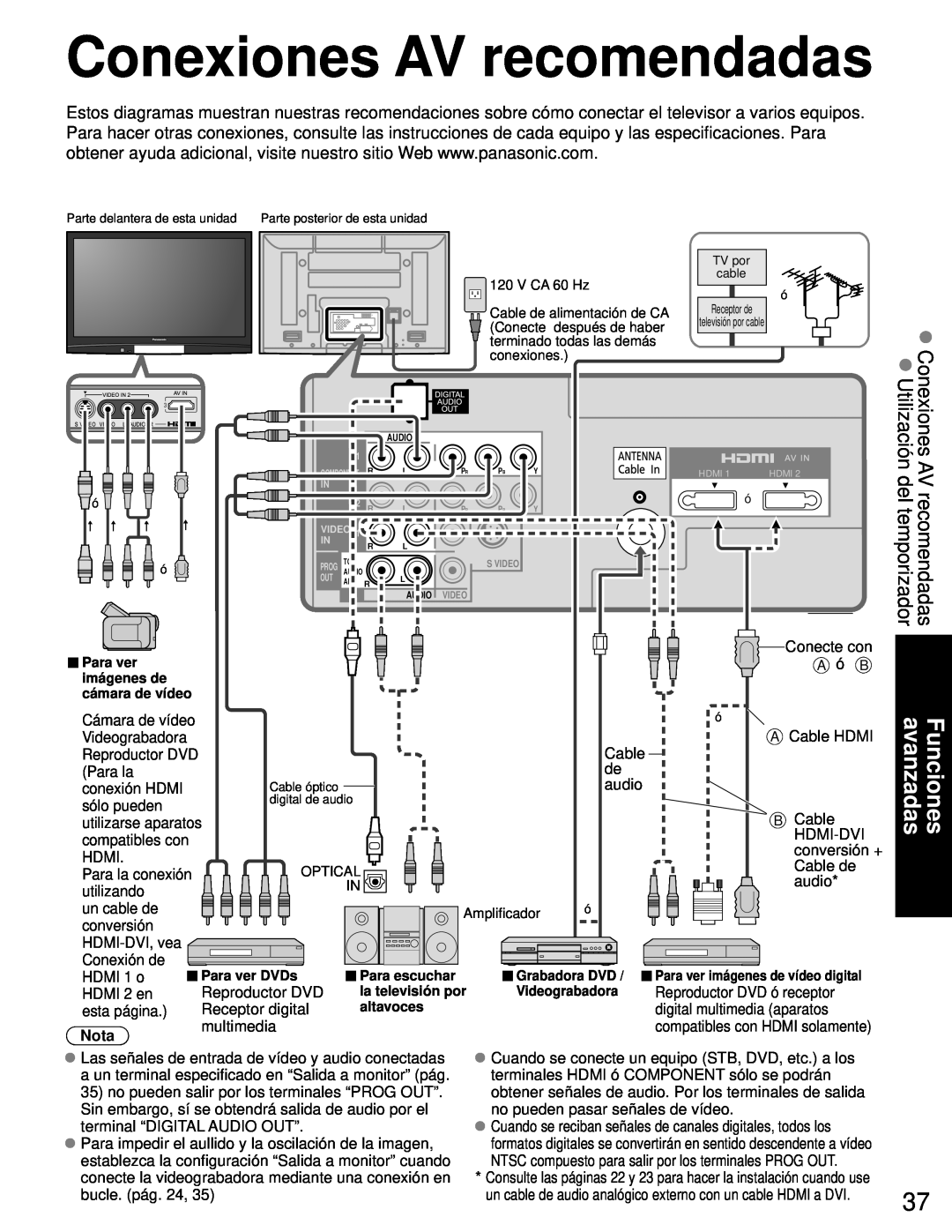 Panasonic TH-46PZ80U, TH-50PZ80U quick start Conexiones AV recomendadas, Conecte con, Funciones avanzadas, Nota 
