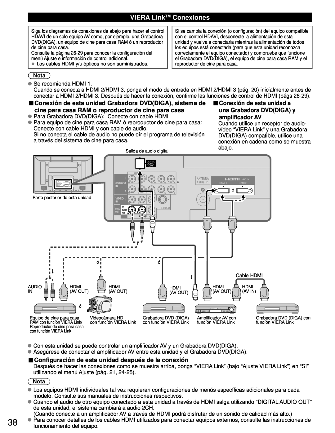 Panasonic TH-50PZ80U VIERA LinkTM Conexiones, Conexión de esta unidad Grabadora DVDDIGA, sistema de, amplificador AV, Nota 